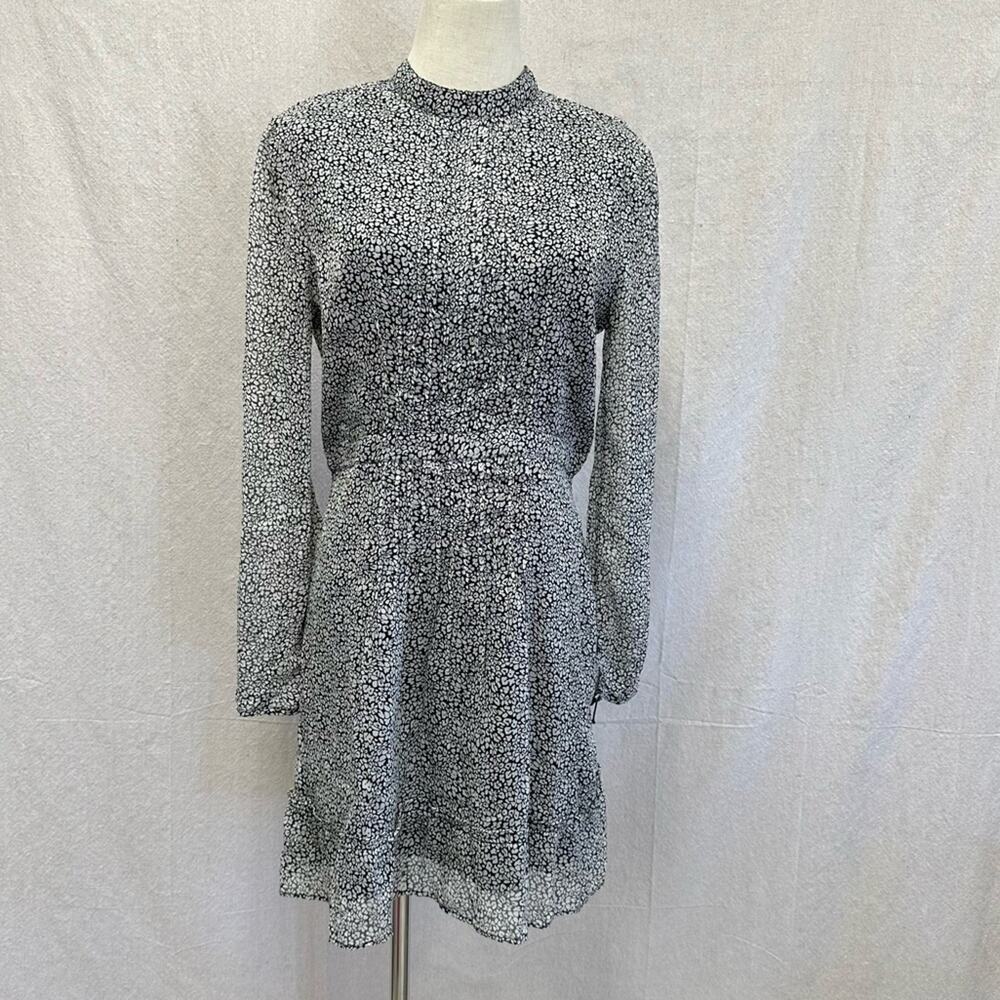 Topshop Black and White Leopard long sleeve Pintuck Mini Dress Monochrome Size 8